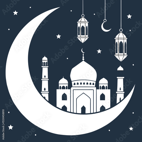 Elegant Happy Muharram Digital Artwork – Crescent Moon, Taj Mahal Silhouettes, and Golden Lanterns