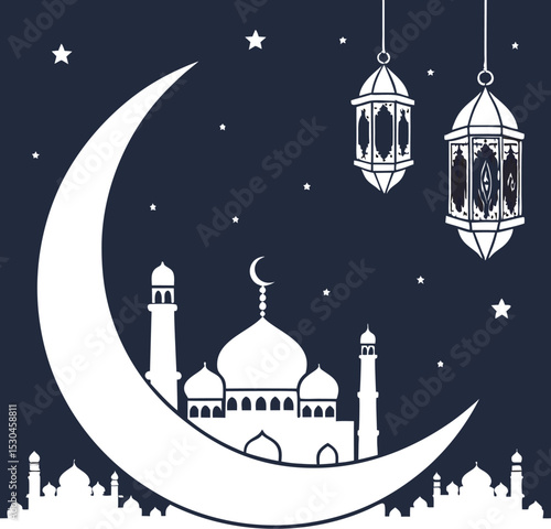 Elegant Happy Muharram Digital Painting – Crescent Moon, Taj Mahal, and Golden Lanterns on Islamic New Year