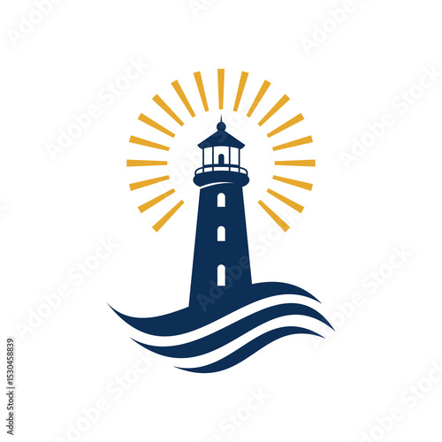 Lighthouse Logo with Waves and Sun Rays Vector Illustration