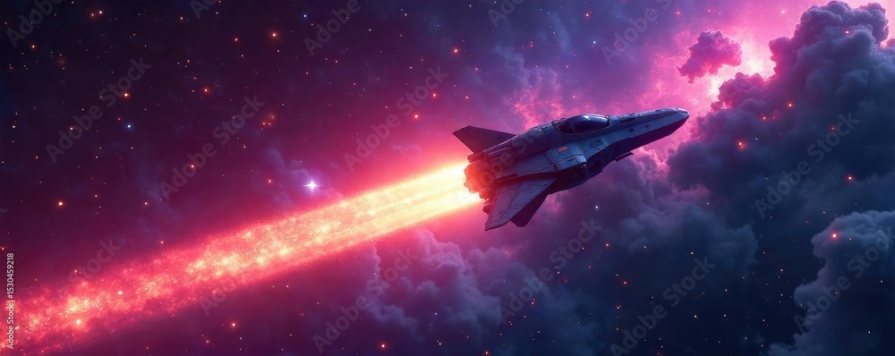 Naklejka premium A lone spaceship soars through a vibrant nebula, leaving a shimmering trail behind it, representing boundless exploration and the discovery of uncharted territories , solar system, milky way