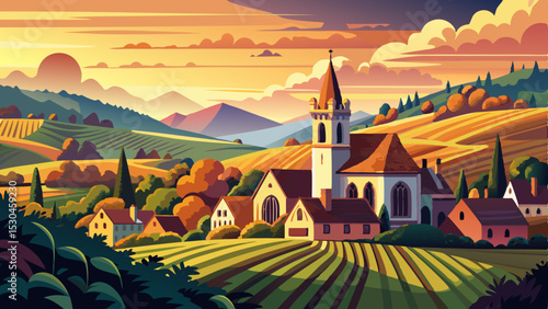 Summer sunset view of the medieval church of Saint-Jacques-le-Major in Hunawihr, small village between the vineyards of Ribeauville, Riquewihr and Colmar in Alsace, wine making region of France