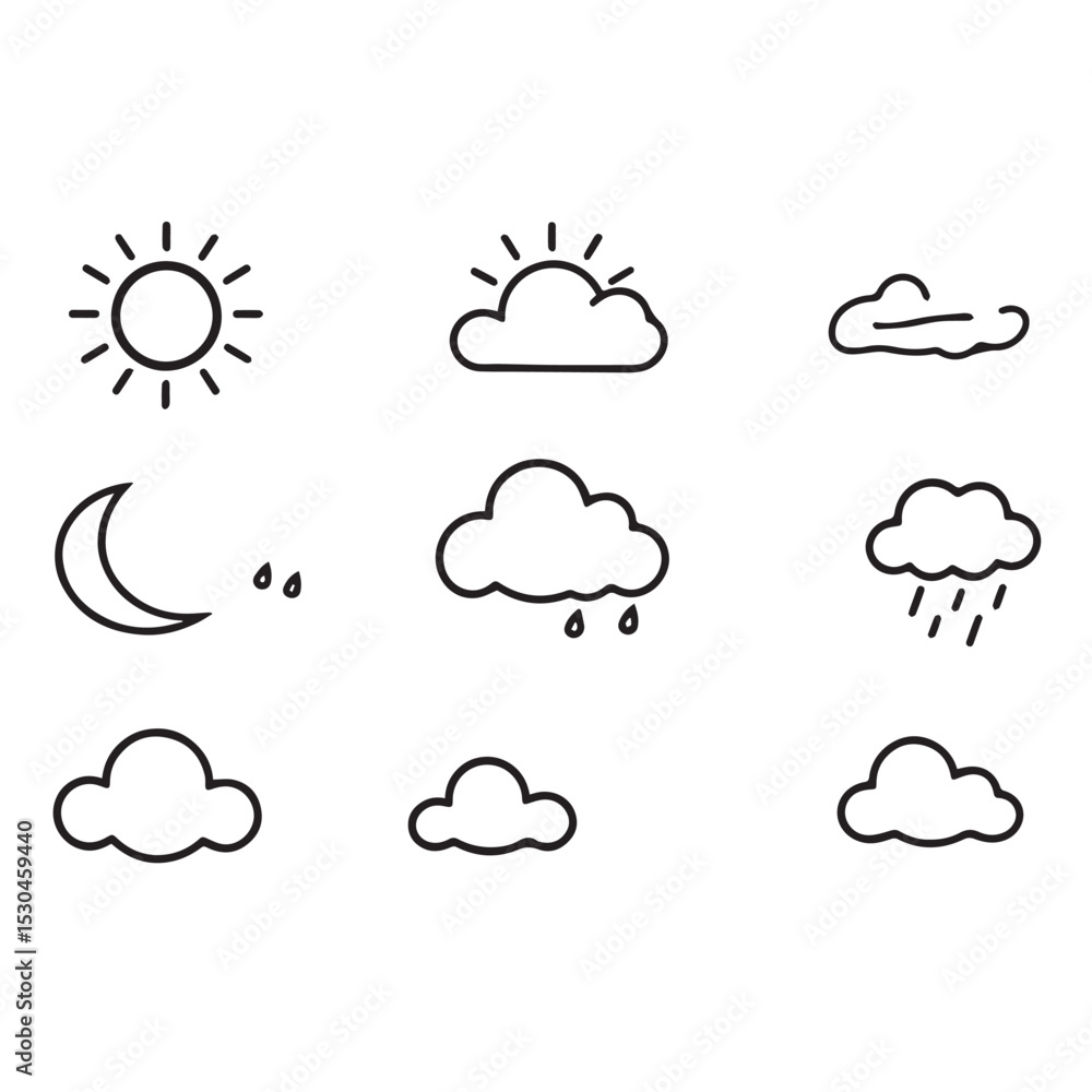 Simple hand drawn weather icons set sun moon clouds rain Simple hand drawn weather icons set sun moon clouds rain