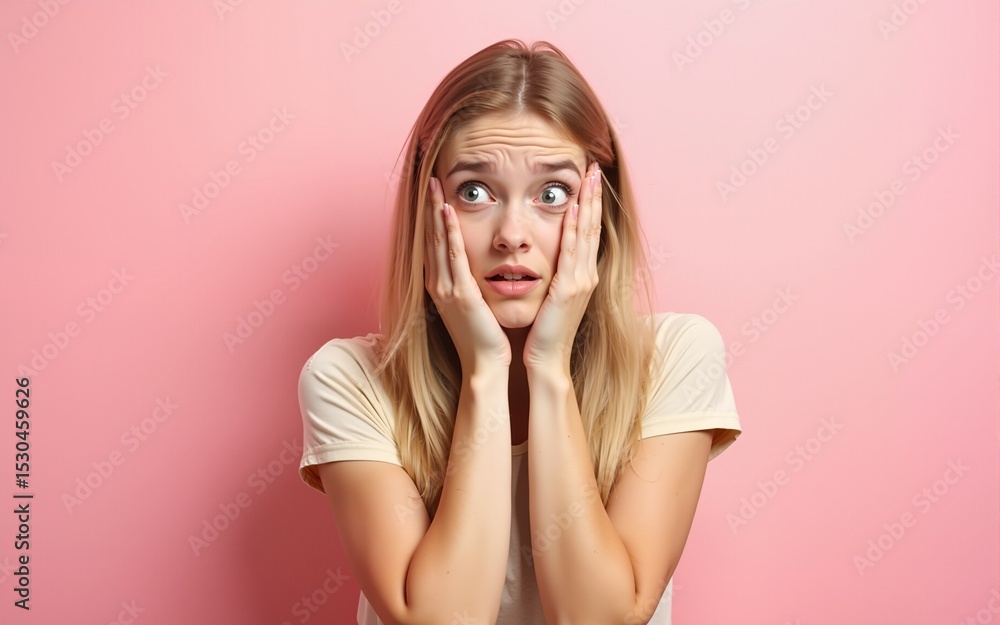 Young blonde woman standing over pink background afraid and shocked, surprise and amazed expression with hands on face. High quality Young blonde woman standing over pink background afraid and shocked, surprise and amazed expression with hands on face. High quality