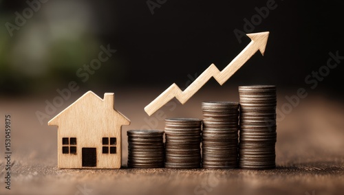 Wooden house model beside stacks of coins, rising arrow graph