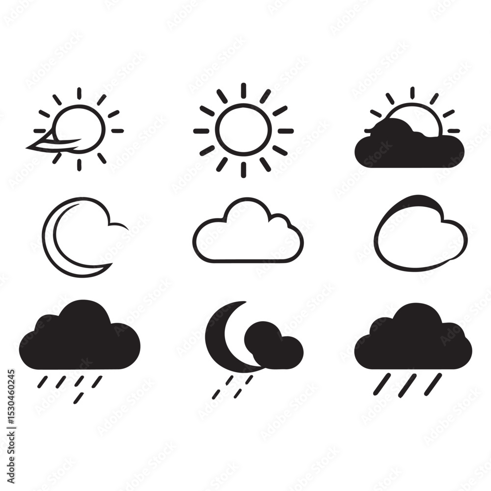 Set of nine simple weather icons sun moon clouds rain Set of nine simple weather icons sun moon clouds rain