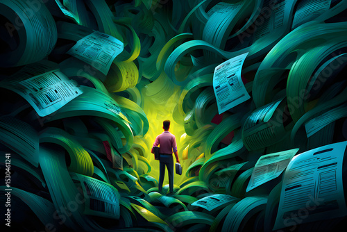 Fototapeta Naklejka Na Ścianę i Meble -  A person trying to escape a tangled jungle of tax forms and spreadsheets