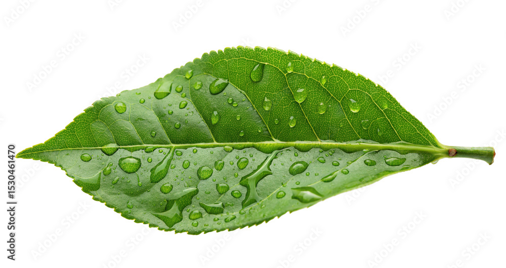 Fototapeta premium Fresh green leaf with water drops close up macro photography nature dew drops leaf texture plant life detail 100