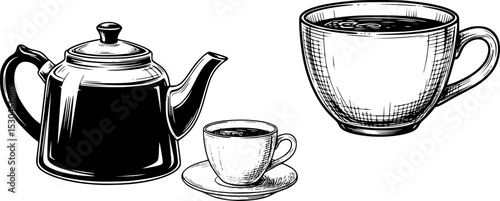 a black and white drawing of a teapot and a cup of coffee, teapot, drinking tea, tea cup
