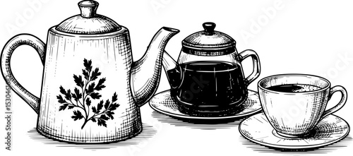 a black and white drawing of a teapot and a cup of coffee, teapot, drinking tea, tea cup