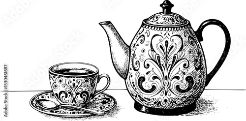 a black and white drawing of a teapot and a cup of coffee, teapot, drinking tea, tea cup