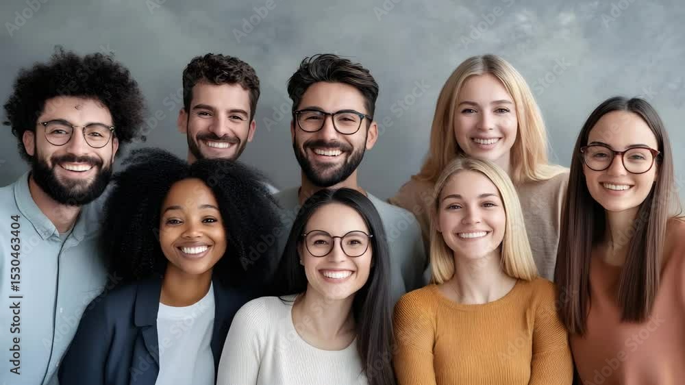 Diverse group of young adults smiling happily in casual clothing showing friendship and unity in studio setting Diverse group of young adults smiling happily in casual clothing showing friendship and unity in studio setting