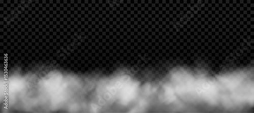 White smoke bottom border. Realistic fog with transparent effect. Thick clouds, vector background texture