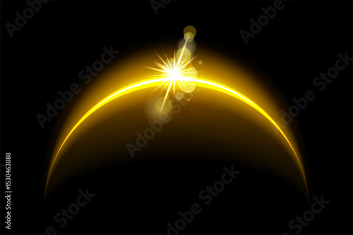 Solar eclipse light glow. Shining moon flare effect on black background. Realistic abstract vector illustration. Space planet globe horizon design