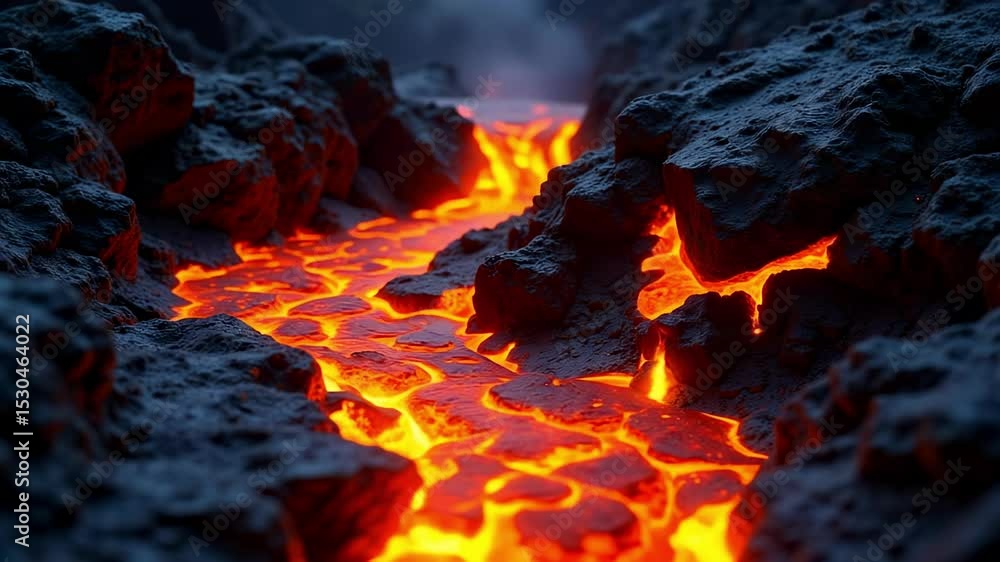 Intense Glowing Molten Lava Flowing Slowly Over Dark Volcanic Rocks A Stunning 4K Low Angle View of Volcanic Activity Intense Glowing Molten Lava Flowing Slowly Over Dark Volcanic Rocks A Stunning 4K Low Angle View of Volcanic Activity