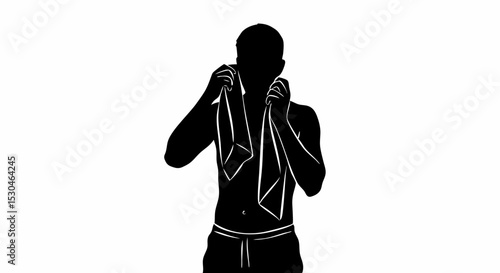 Man cooling off with towel in silhouette against a white  background  