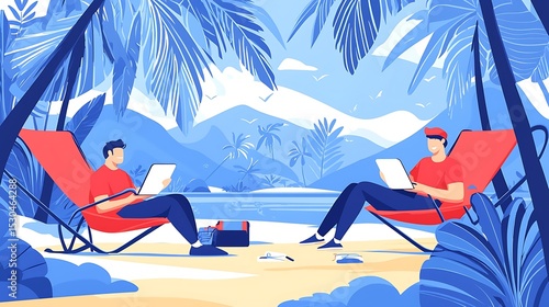 Two men relax and work with tablets on a tropical beach