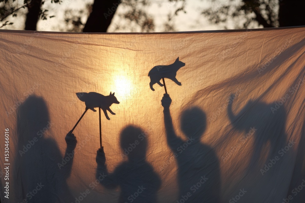 Fototapeta premium Children’s shadow puppets on fabric screen at sunset