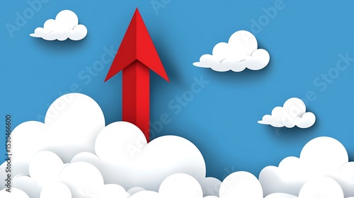 A Red Arrow Pointing Upward Among Fluffy White Clouds