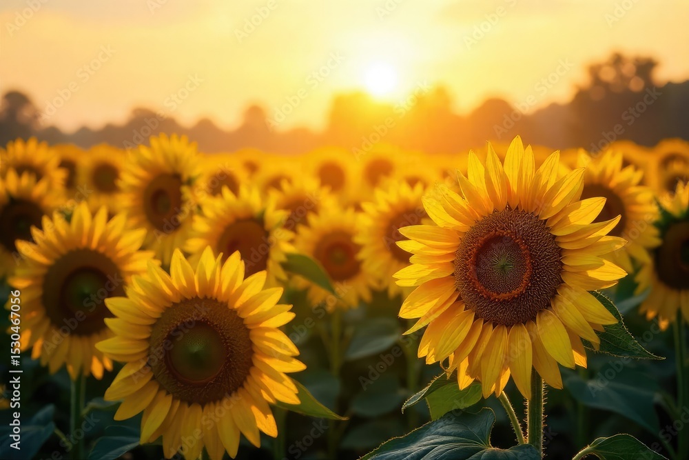 Fototapeta premium Golden hour sunlight bathes a field of ripe sunflowers, their heavy heads bowing under the weight of summer A hazy sky adds a dreamy, warm feel to this idyllic scene , field, botanical