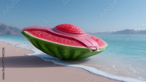 Fototapeta Naklejka Na Ścianę i Meble -  A vibrant, watermelon-shaped spacecraft rests on a tropical beach, blending the organic with the futuristic in a surreal, imaginative scene.