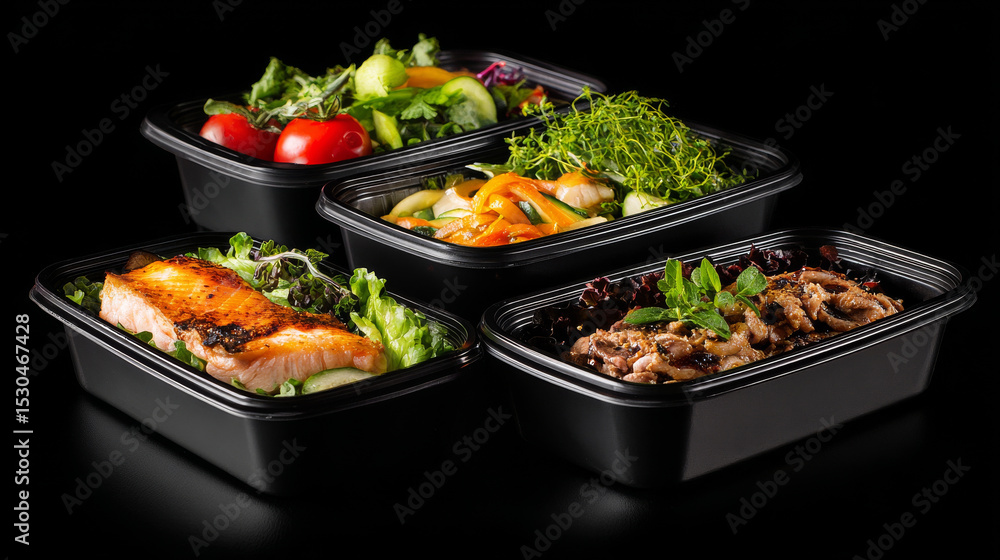 Healthy meal containers with fresh vegetables, grilled salmon, and lean meat, showcasing vibrant colors and nutritious ingredients Healthy meal containers with fresh vegetables, grilled salmon, and lean meat, showcasing vibrant colors and nutritious ingredients