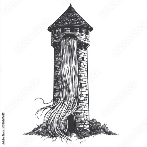 Rapunzel fairy tale long hair hanging from the tower sketch engraving vector illustration. T-shirt apparel print design. Scratch board imitation. Black and white hand drawn image.