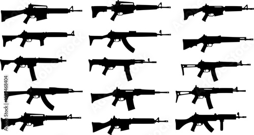 A collection of silhouetted firearms arranged in rows