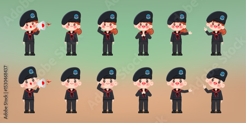 Cute cartoon character Thahan Phran or Thai Rangers in black uniforms. premium vector.
