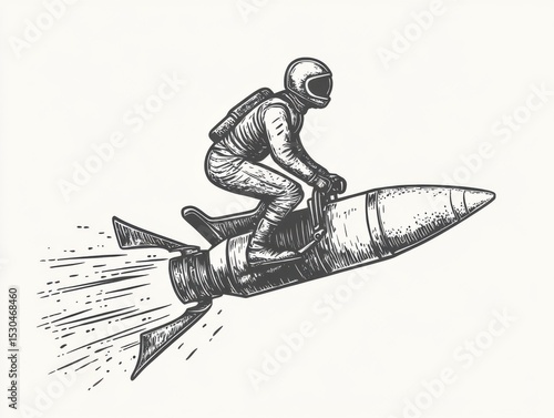 rider jockey riding military rocket sketch engraving vector illustration. T-shirt apparel print design. Scratch board imitation. Black and white hand drawn image.