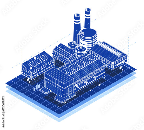 Modern isometric illustration of a smart industrial factory complex with interconnected buildings chimneys and solar panels representing advanced manufacturing systems