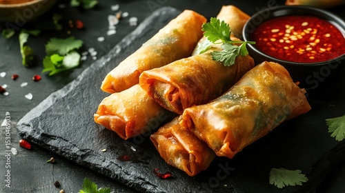 Four crispy golden brown spring rolls arranged on a black slate plate, garnished with fresh cilantro.  A small bowl of spicy red dipping sauce sits beside the rolls n top