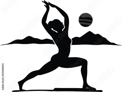 Silhouette Serenity: A tranquil silhouette of a person gracefully executing a yoga pose against a serene backdrop of mountains and a setting sun.