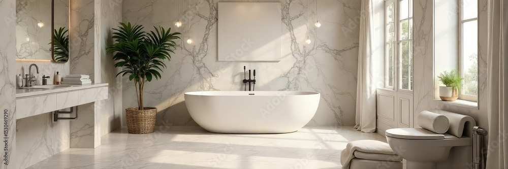 Fototapeta premium Luxurious bathroom with freestanding tub, marble accents, and soft lighting creates a serene and elegant atmosphere perfect for relaxation and self-care , relaxation, clean, luxury