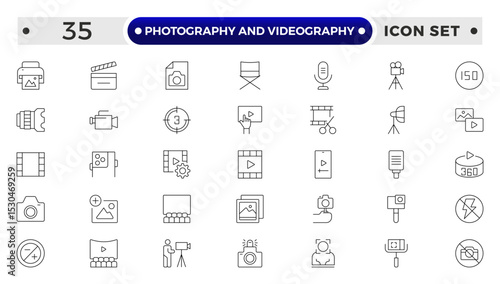 Photography and Videography outline Icon set. Camera, Lens, Studio, Film Equipment, Digital Camera, Tripod, Editing Tools,DSLR, Film Reel, Media Tools, Lights, Action, Capture, Focus, Vector Set.