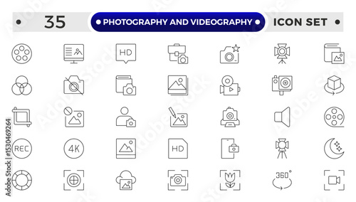 Photography and Videography outline Icon set. Camera, Lens, Studio, Film Equipment, Digital Camera, Tripod, Editing Tools,DSLR, Film Reel, Media Tools, Lights, Action, Capture, Focus, Vector Set.