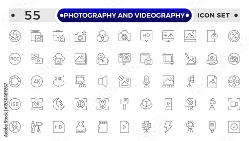 Photography and Videography outline Icon set. Camera, Lens, Studio, Film Equipment, Digital Camera, Tripod, Editing Tools,DSLR, Film Reel, Media Tools, Lights, Action, Capture, Focus, Vector Set.
