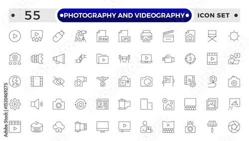 Photography and Videography outline Icon set. Camera, Lens, Studio, Film Equipment, Digital Camera, Tripod, Editing Tools,DSLR, Film Reel, Media Tools, Lights, Action, Capture, Focus, Vector Set.