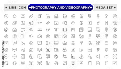 Photography and Videography outline Icon set. Camera, Lens, Studio, Film Equipment, Digital Camera, Tripod, Editing Tools,DSLR, Film Reel, Media Tools, Lights, Action, Capture, Focus, Vector Set.