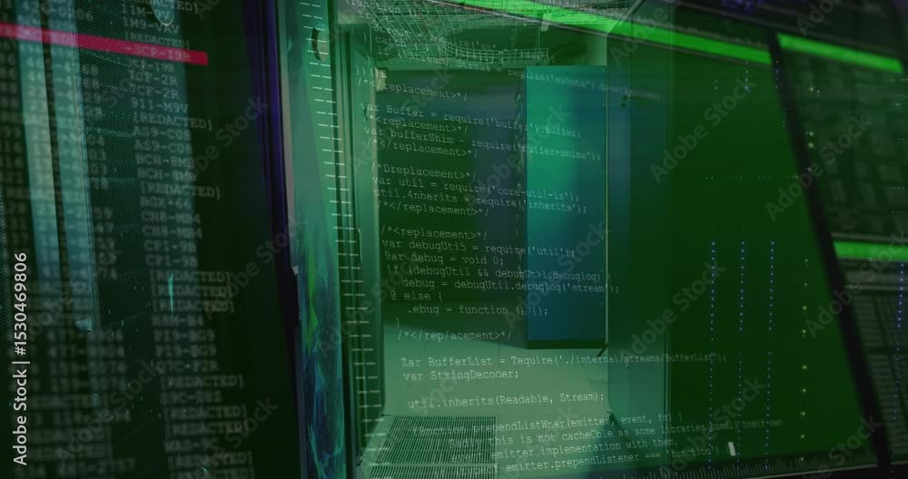animation starting html code overlay scrolling over... Green gridline initiating overlay on server rack corridor, code ...