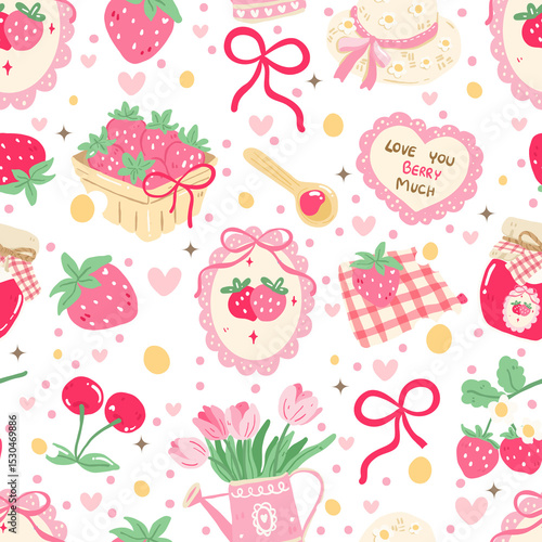 Cute seamless pattern with strawberries, jam, tulips, gingham cloth, and heart cookie 