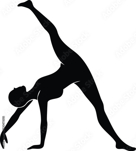 Dynamic Yoga Silhouette: A poised figure strikes a dynamic yoga pose, demonstrating flexibility and grace, embodying the serenity of a meditative practice, in a clean minimalist style.