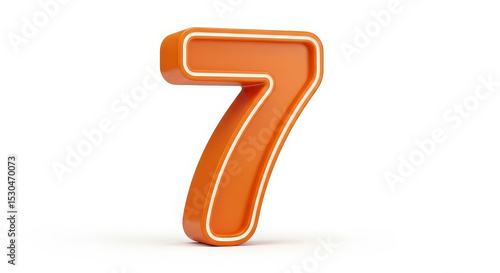 Isolated 3D Render Of Orange Number Seven With White Outline On White Background