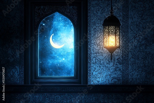 A window view of the night sky with a crescent moon