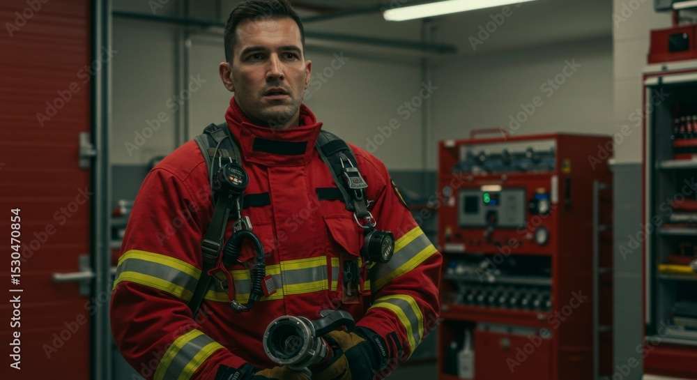 Firefighter in station, serious expression Firefighter in station, serious expression
