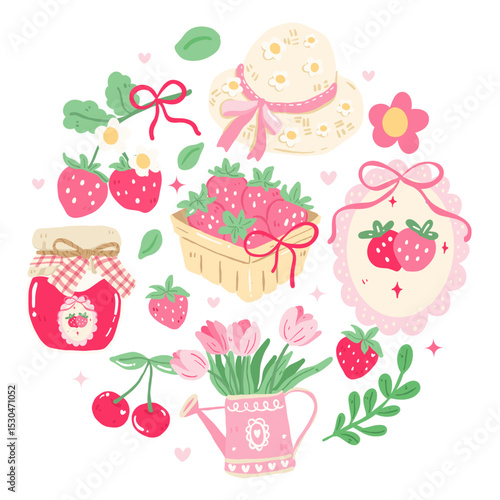 Adorable strawberry-themed clipart set with basket, jam jar, cherries, flowers, watering can, and sunhat in pastel hand-drawn style