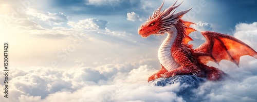 A majestic red dragon resting high above in the fluffy clouds of the sky