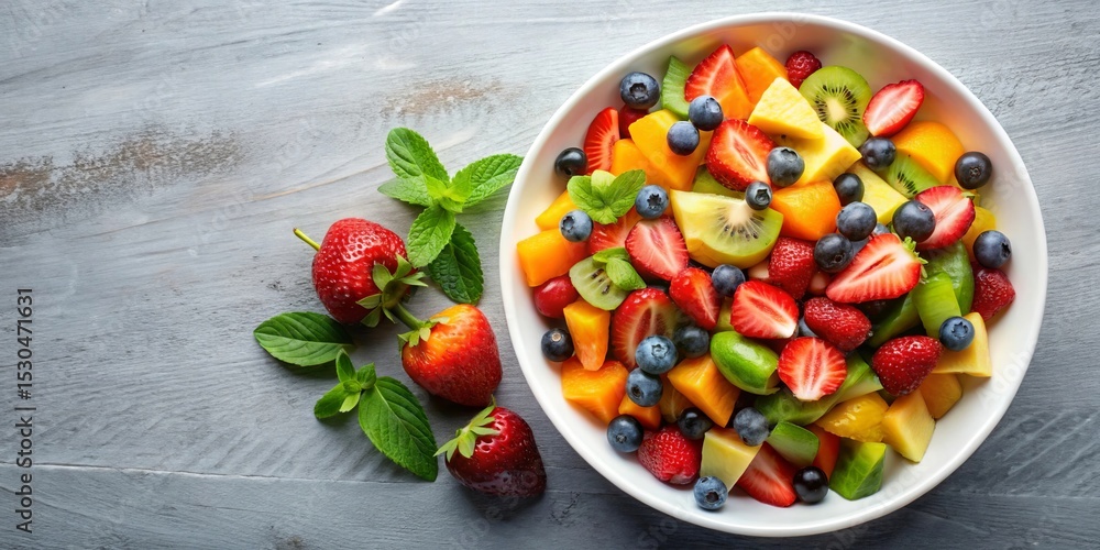 A vibrant mix of fresh strawberries, blueberries, kiwi, and mango in a white bowl, garnished with fresh mint leaves, resting on a rustic wooden surface A vibrant mix of fresh strawberries, blueberries, kiwi, and mango in a white bowl, garnished with fresh mint leaves, resting on a rustic wooden surface
