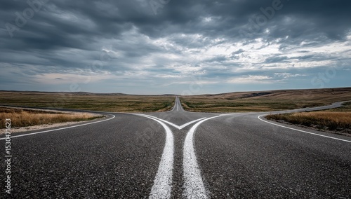 Two roads diverge in a vast, open landscape under a dramatic sky
