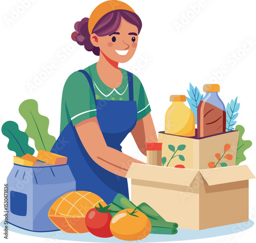 Smiling woman packing a donation box with fresh groceries and food, flat illustration
