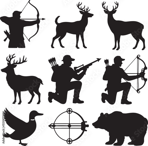 Archery & Hunting Silhouette Bundle – Black Vector Elements – Archer, Hunter, Deer, Dog, Bow, Arrow, Target, and Wildlife